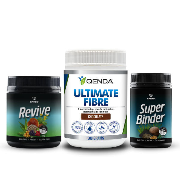 Ultimate Cleanse Pack Mini
Chocolate
(Revive 180g, Super Binder 200g, Ultimate Fibre Chocolate 500g)