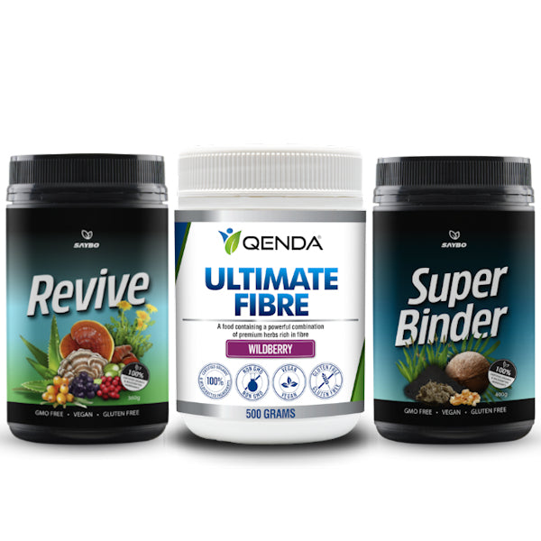 Ultimate Cleanse Pack Wildberry 
(1 x Revive 360g, 1 x Super Binder 400g, 1 x Ultimate Fibre Wildberry 500g)